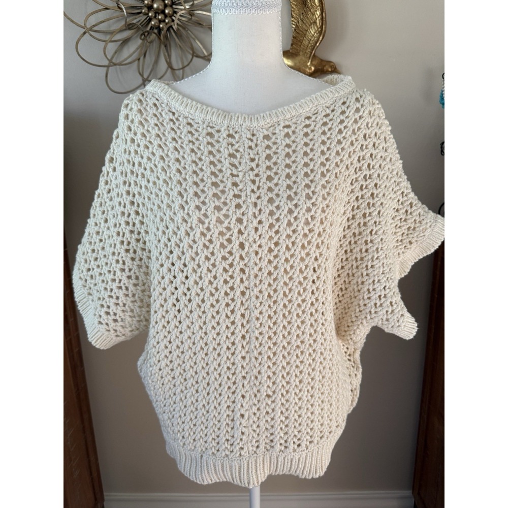 We The Free‎ Free People Open Knit Sweater Womens S Ivory Cotton Short Sleeve